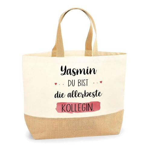 Planetee Jutebeutel Yasmin allerbeste Kollegin - Einkaufs und Strandtasche Baumwolle Jute Geschenk Ruhestand Abschied Geburtstag Secret Santa für Kollegin oder Chefin von Planetee