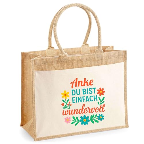 Planetee Jutebeutel aus Jute mit Vordertasche und Namen Anke – Einkaufstasche mit Blumenmotiv und Spruch Du bist einfach wundervoll – Persönliches Geschenk für Frauen von Planetee