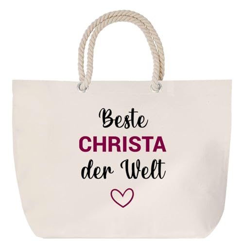 Planetee Strandtasche mit Kordelgriffen Beste Christa der Welt– Großer Baumwoll-Shopper Einkaufstasche Damen Geschenk Geburtstag Muttertag Valentinstag Weihnachten Schwester Freundin von Planetee