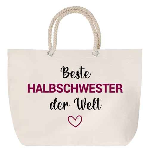 Planetee Strandtasche mit Kordelgriffen Beste Halbschwester der Welt– Großer Baumwoll-Shopper Einkaufstasche Damen Geschenk Geburtstag Muttertag Valentinstag Weihnachten Schwester Freundin von Planetee