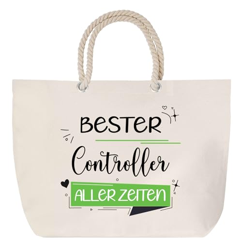 Planetee Strandtasche mit Kordelgriffen - Bester Controller aller Zeiten - großer Baumwoll-Shopper, wiederverwendbar, Geschenk zum Ruhestand, Abschied oder Geburtstag für Kollegen oder Chef von Planetee
