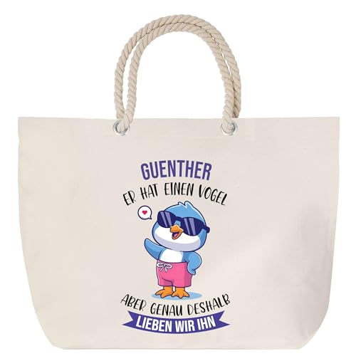 Planetee Strandtasche mit Kordelgriffen Guenther - Er hat einen Vogel - Baumwoll-Shopper, Geschenk für Männer zum Geburtstag, Vatertag oder Weihnachten von Planetee