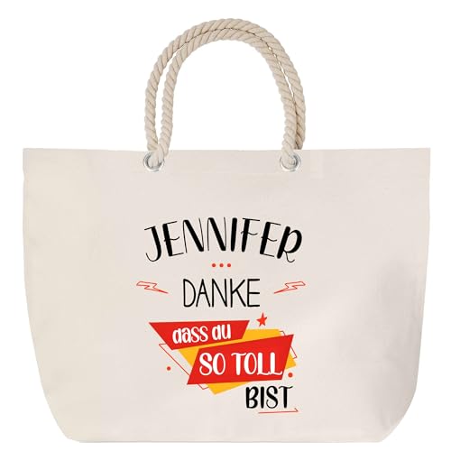 Planetee Strandtasche mit Kordelgriffen Jennifer Du so toll bist - Großer Baumwoll-Shopper Einkaufstasche Damen Geschenk Geburtstag Muttertag Valentinstag Weihnachten Schwester Freundin von Planetee