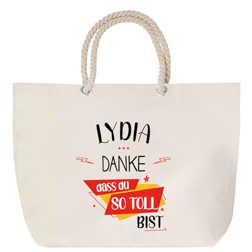 Planetee Strandtasche mit Kordelgriffen Lydia Du so toll bist - Großer Baumwoll-Shopper Einkaufstasche Damen Geschenk Geburtstag Muttertag Valentinstag Weihnachten Schwester Freundin von Planetee
