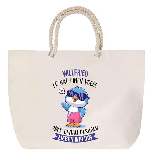 Planetee Strandtasche mit Kordelgriffen Willfried - Er hat einen Vogel - Baumwoll-Shopper, Geschenk für Männer zum Geburtstag, Vatertag oder Weihnachten von Planetee