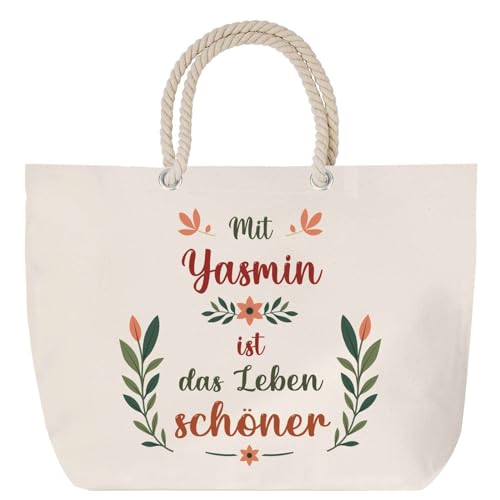 Planetee Strandtasche mit Kordelgriffen Yasmin Leben schöner– Großer Baumwoll-Shopper Einkaufstasche Damen Geschenk Geburtstag Muttertag Valentinstag Weihnachten Schwester Freundin von Planetee