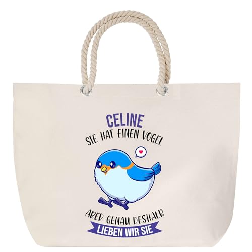 Strandtasche mit Kordelgriffen Celine - Sie hat einen Vogel - Großer Baumwoll-Shopper Einkaufstasche Damen Geschenk Geburtstag Muttertag Valentinstag Weihnachten Schwester Freundin von Planetee