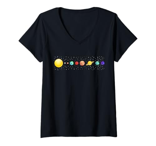 Damen Sonnensystem im Weltall Planeten T-Shirt mit V-Ausschnitt von Planeten Geschenk für Weltraum Fans Kinder