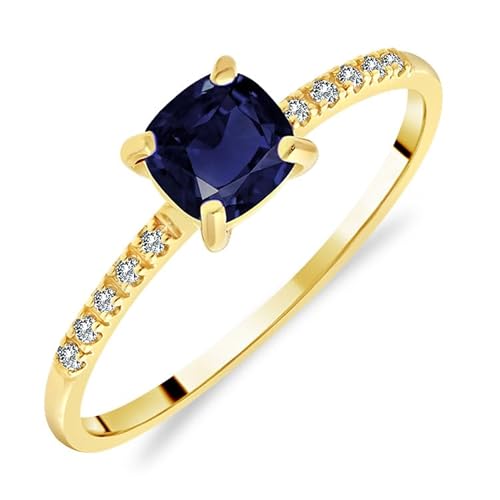 Planetys Damen-Solitärring aus Gelbgold 375/1000, mit natürlichem Saphir, Kissenschliff, besetzt mit 10 Diamanten, 52 (16.6), Metall, Blauer Saphir von Planetys