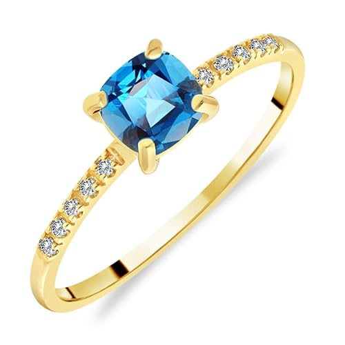 Planetys Damen-Solitärring aus Gelbgold 375/1000, mit schweizerischem Blautopas, naturfarben, Kissenschliff, 10 Diamanten, 56 (17.8), Metall, Blautopas, Schweiz von Planetys