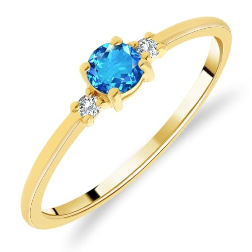 Planetys Solitärring für Damen aus Gelbgold 375/1000, mit natürlichem Schweizer Blautopas und Diamanten, 54 (17.2), Metall, Schweizer Blautopas von Planetys