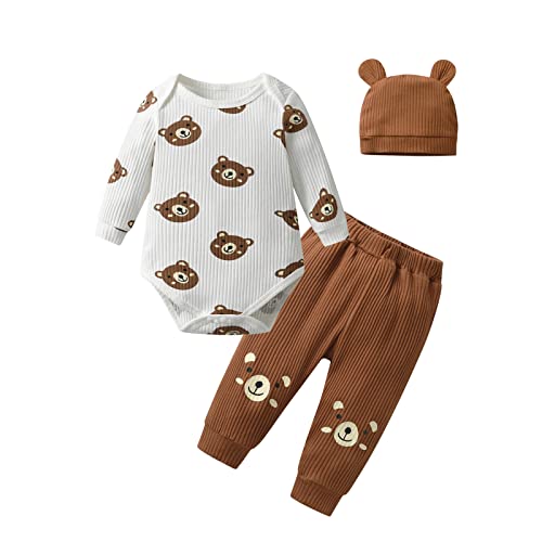 Planooar Baby-Kleidung 3er-Set Baby-Jungen-Kleidung Outfit Langarm-Bärchen-Muster Oberteil + Hose (6-9 Monate) Weiß von Planooar