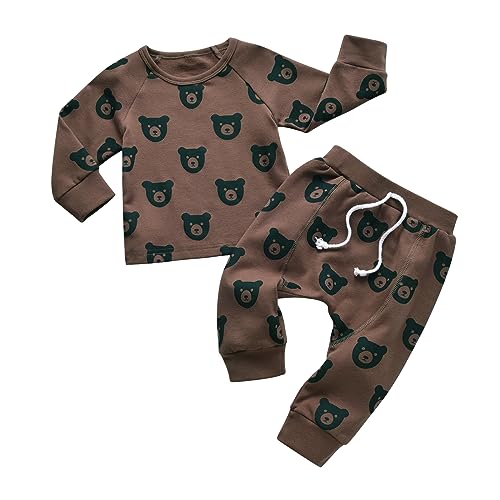 Planooar Baby Kleidung Set Baby Jungen Kleidung Outfit Langarm Oberteil + Hose mit Bärenmuster (12-18 Monate) Braun von Planooar