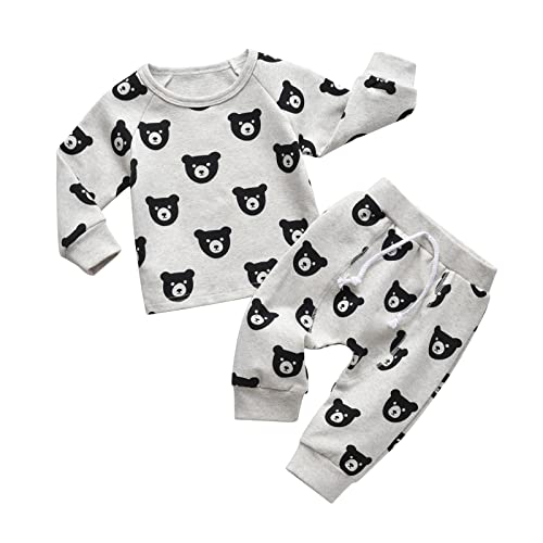 Planooar Baby Kleidung Set Baby Jungen Kleidung Outfit Langarm kleine Bär Muster Print Top + Hose (18-24 Monate) Grau von Planooar