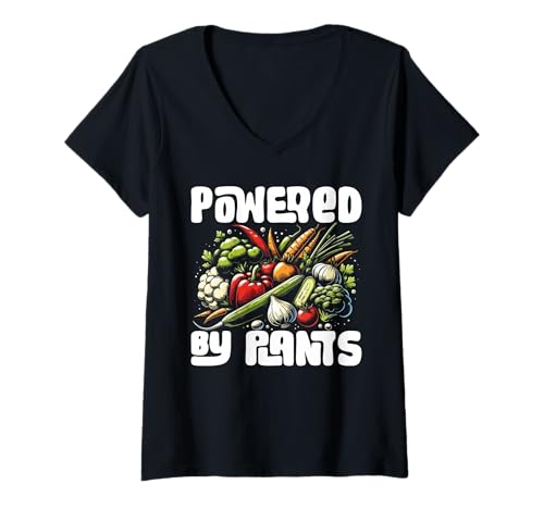 Damen Powered by Plants Lustiges veganes Gemüse T-Shirt mit V-Ausschnitt von Plant Fueled Living Co