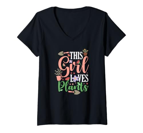 Damen Dieses Mädchen liebt Pflanzen Lustiges Gärtnern T-Shirt mit V-Ausschnitt von Plant Gardening Nature Gifts And Gift Ideas