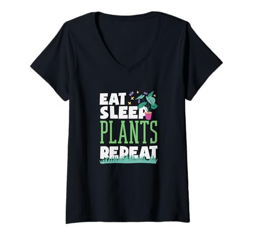Damen Eat Sleep Plants Repeat Lustiger Garten- und Pflanzenliebhaber T-Shirt mit V-Ausschnitt von Plant Gardening Nature Gifts And Gift Ideas
