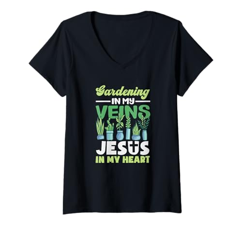 Damen Gärtnern in Meinen Adern Jesus in Meinem Herzen Lustiges Gärtnern T-Shirt mit V-Ausschnitt von Plant Gardening Nature Gifts And Gift Ideas