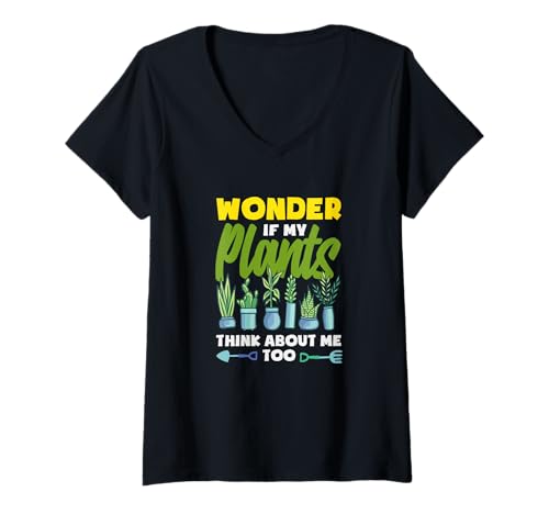 Damen Ich Frage Mich, ob Meine Pflanzen zu viel an Mich Denken. Lustiges Gärtnern T-Shirt mit V-Ausschnitt von Plant Gardening Nature Gifts And Gift Ideas