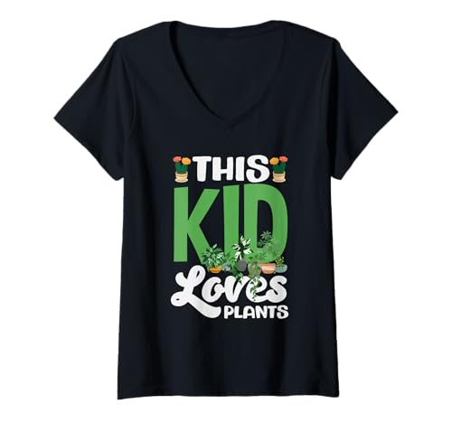 Damen Kinder Dieses Kind liebt Pflanzen Lustiges Gartenkind T-Shirt mit V-Ausschnitt von Plant Gardening Nature Gifts And Gift Ideas