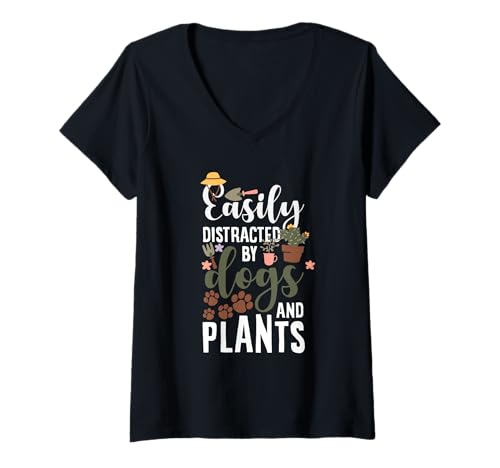 Damen Leicht abgelenkt von Hunden und Pflanzen, lustige Gartenarbeit T-Shirt mit V-Ausschnitt von Plant Gardening Nature Gifts And Gift Ideas