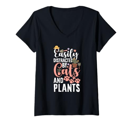 Damen Leicht abgelenkt von Katzen und Pflanzen, lustige Gartenarbeit T-Shirt mit V-Ausschnitt von Plant Gardening Nature Gifts And Gift Ideas