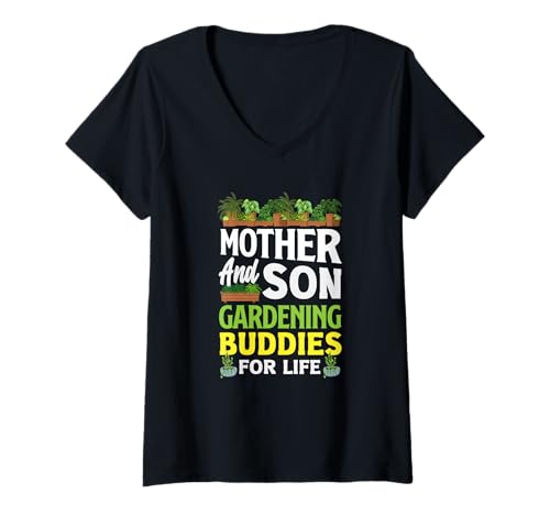 Damen Mutter und Sohn, Gartenfreunde fürs Leben, Lustiges Gärtnern T-Shirt mit V-Ausschnitt von Plant Gardening Nature Gifts And Gift Ideas