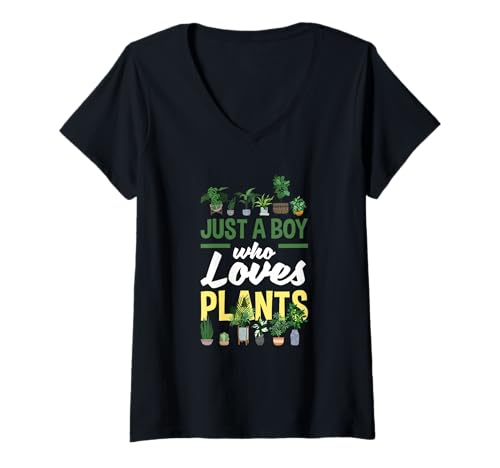 Damen Nur EIN Junge, der Pflanzen liebt Lustiges Gärtnern T-Shirt mit V-Ausschnitt von Plant Gardening Nature Gifts And Gift Ideas