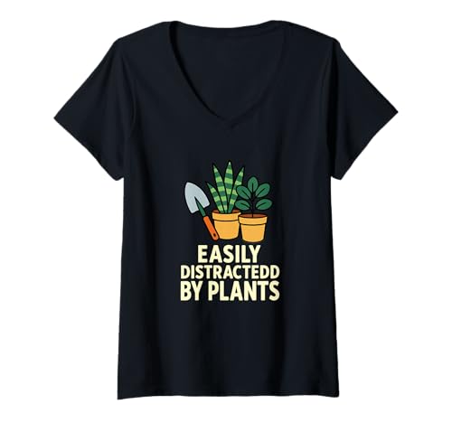 Damen Lustiger Gartenhumor, leicht von Pflanzen abgelenkt T-Shirt mit V-Ausschnitt von Plant Lovers Botanical Gardening Apparel