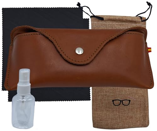 Brillenetui zum Anbringen am Gürtel, mit Knopfverschluss, inklusive Stofftasche, 2 Reinigungstücher und Flasche für Brillen-Reinigungsflüssigkeit., braun, von Planta Color