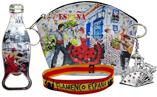 Flamenco-Geldbörse aus Stoff, mit Flaschenöffner, Schlüsselanhänger und besticktem Stoffarmband. Fröhliche Designs aus Spanien und Flamenco., Flamenco Straße, Flasche, Spanien, Klassisch von Planta Color