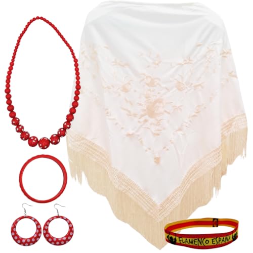 Flamenco-Zubehör-Set: bestickter Manila-Mantón mit Blumen, Halskette, Armband, Ohrringe und besticktes Armband, für beliebte Partys und Veranstaltungen (weiß) von Planta Color