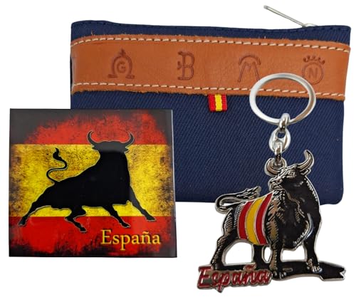Geldbörse mit spanischem Thema. Enthält Zubehör (Armband, Magnet, Schlüsselanhänger usw.), spanische Geldbörse, handgefertigt (Katholisch, Taurin, Militär, Zivilgarde, CN Polizei, braun von Planta Color
