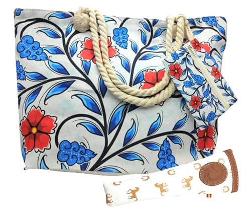 Große Strandtasche mit Reißverschluss, inklusive Geldbörse im gleichen Design und Fächertasche aus Leder, weiß, Blaue und rote Pflanze weißen Hintergrund von Planta Color
