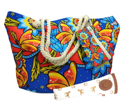Große Strandtasche mit Reißverschluss, inklusive Geldbörse im gleichen Design und Fächertasche aus Leder, weiß, Schmetterlinge von Planta Color