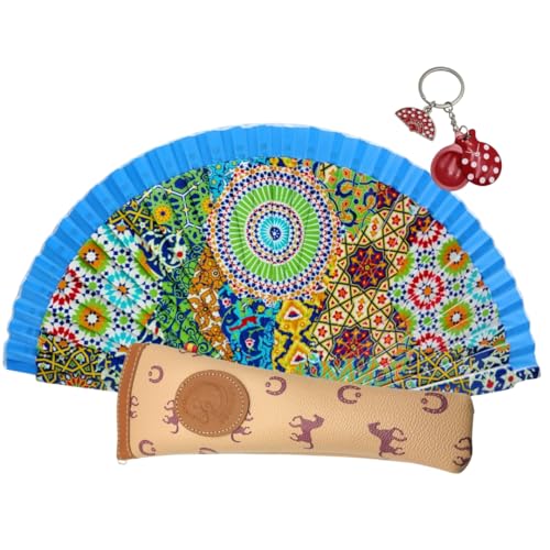 Planta Color Faltfächer aus Holz mit bedrucktem Design – Set mit Schutzhülle mit Reißverschluss und Schlüsselanhänger Souvenir – handgefertigte Tasche – leicht und kompakt (Mosaiko Andalussie) von Planta Color