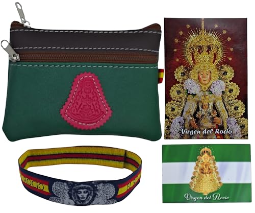 Rociero-Paket: Geldbörse mit 2 Reißverschlusstaschen, Armband und Aufkleber mit Jungfrau del Rocio, grün, Sprühkopf von Planta Color