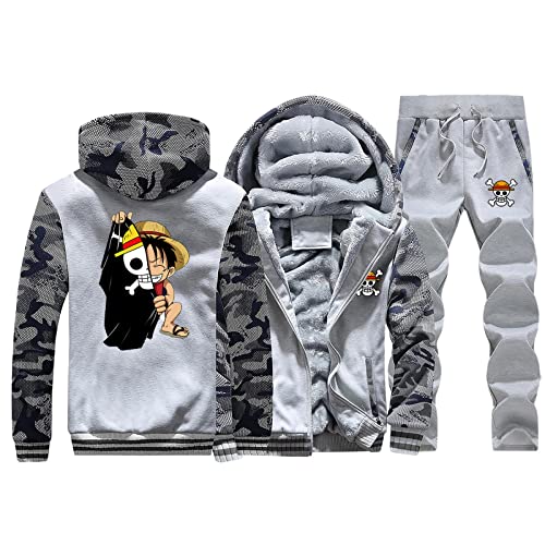 Lustige Männer Trainingsanzug Anime One Piece Luffy Hoodies und Hosen 2er Set Dicke Reißverschluss Jacke Mantel Sweatshirt Anzug von Plantain