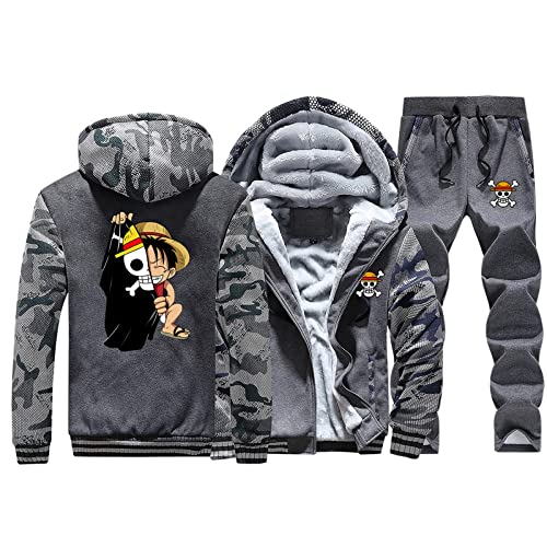 Lustige Männer Trainingsanzug Anime One Piece Luffy Hoodies und Hosen 2er Set Dicke Reißverschluss Jacke Mantel Sweatshirt Anzug von Plantain