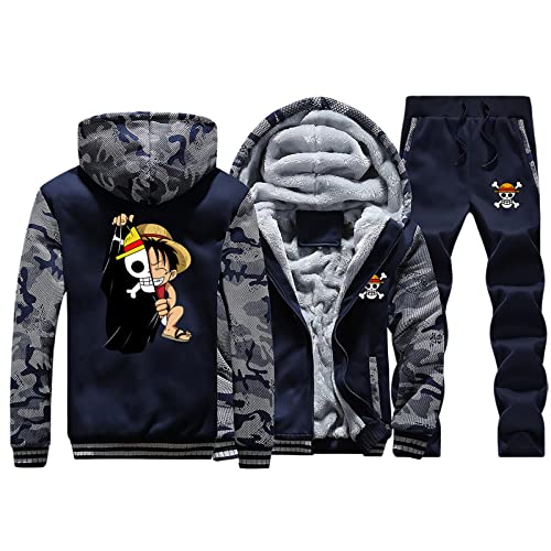 Lustige Männer Trainingsanzug Anime One Piece Luffy Hoodies und Hosen 2er Set Dicke Reißverschluss Jacke Mantel Sweatshirt Anzug von Plantain