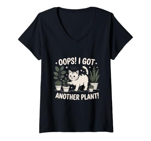Damen Oops I Got Another Plant Lustiger Katzenpflanzenliebhaber T-Shirt mit V-Ausschnitt von Plants Lover Gardening Gardener