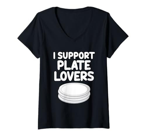 Damen I Support Teller Lovers Round Dish Food Holder Tableware T-Shirt mit V-Ausschnitt Damen I Support Teller Lovers Round Dish Food Holder Tableware T-Shirt mit V-Ausschnitt von Plate Lovers Goods