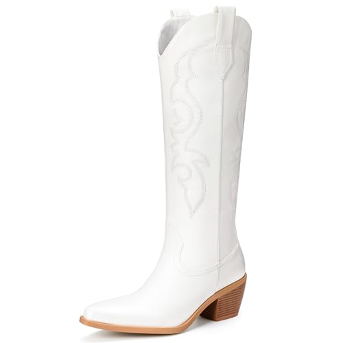 Platikly Weiße Cowboystiefel für Damen – breite Wade, Strass, Cowgirl-Stiefel, kniehohe Westernstiefel, glitzernde glitzernde Damenstiefel mit klassischer Stickerei und seitlichem Reißverschluss Platikly Weiße Cowboystiefel für Damen – breite Wade, Strass, Cowgirl-Stiefel, kniehohe Westernstiefel, glitzernde glitzernde Damenstiefel mit klassischer Stickerei und seitlichem Reißverschluss von Platikly