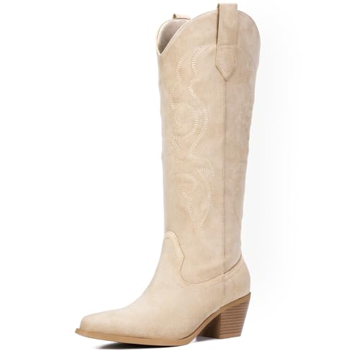 Platikly Weiße Cowboystiefel für Damen – breite Wade, Strass, Cowgirl-Stiefel, kniehohe Westernstiefel, glitzernde glitzernde Damenstiefel mit klassischer Stickerei und seitlichem Reißverschluss Platikly Weiße Cowboystiefel für Damen – breite Wade, Strass, Cowgirl-Stiefel, kniehohe Westernstiefel, glitzernde glitzernde Damenstiefel mit klassischer Stickerei und seitlichem Reißverschluss von Platikly