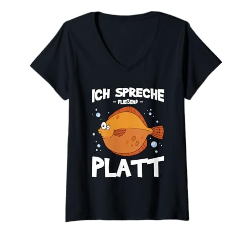 Damen Plattfisch Angeln Spruch Plattdeutsch Lernen Scholle Fisch T-Shirt mit V-Ausschnitt von Plattdeutsch Lernen und Gadget Nordsee
