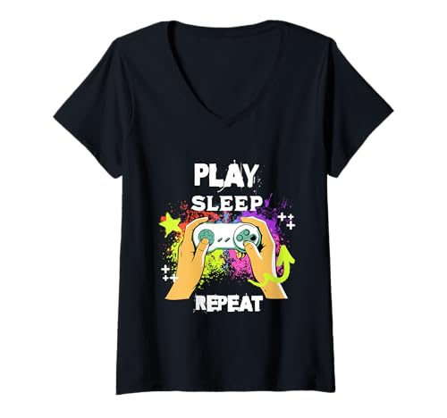 Damen Play Sleep Eat Gamer Geschenke Gaming Sprüche Lustig Game T-Shirt mit V-Ausschnitt von Play Sleep Eat Gamer Geschenke Gaming Sprüche