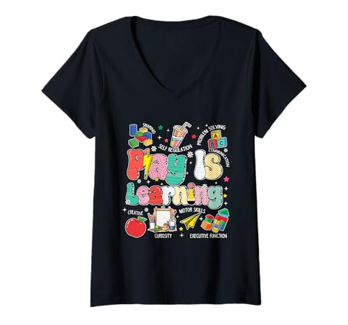 Damen Vintage Play is Learning PreK Elementary Teacher Damen T-Shirt mit V-Ausschnitt Damen Vintage Play is Learning PreK Elementary Teacher Damen T-Shirt mit V-Ausschnitt von Play is Learning Teacher First Day of School