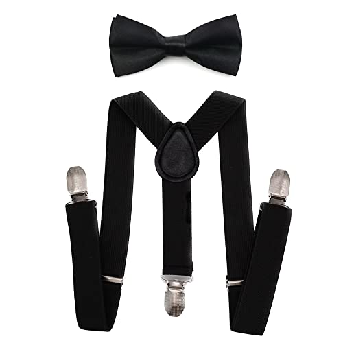 PlayCool Child Kids Suspenders - 1" Adjustable Y-Back Suspender and Bowtie for Boys & Girls - Black von WannGe