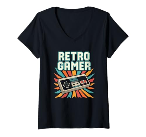Damen Retro Gamer 80er 90er Videospielkonsole Pixel Art T-Shirt mit V-Ausschnitt von Playa Serena