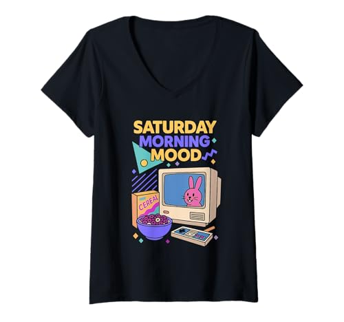 Damen Saturday Morning Mood Retro TV Cartoon 80er 90er Jahre Nostalgie T-Shirt mit V-Ausschnitt von Playa Serena